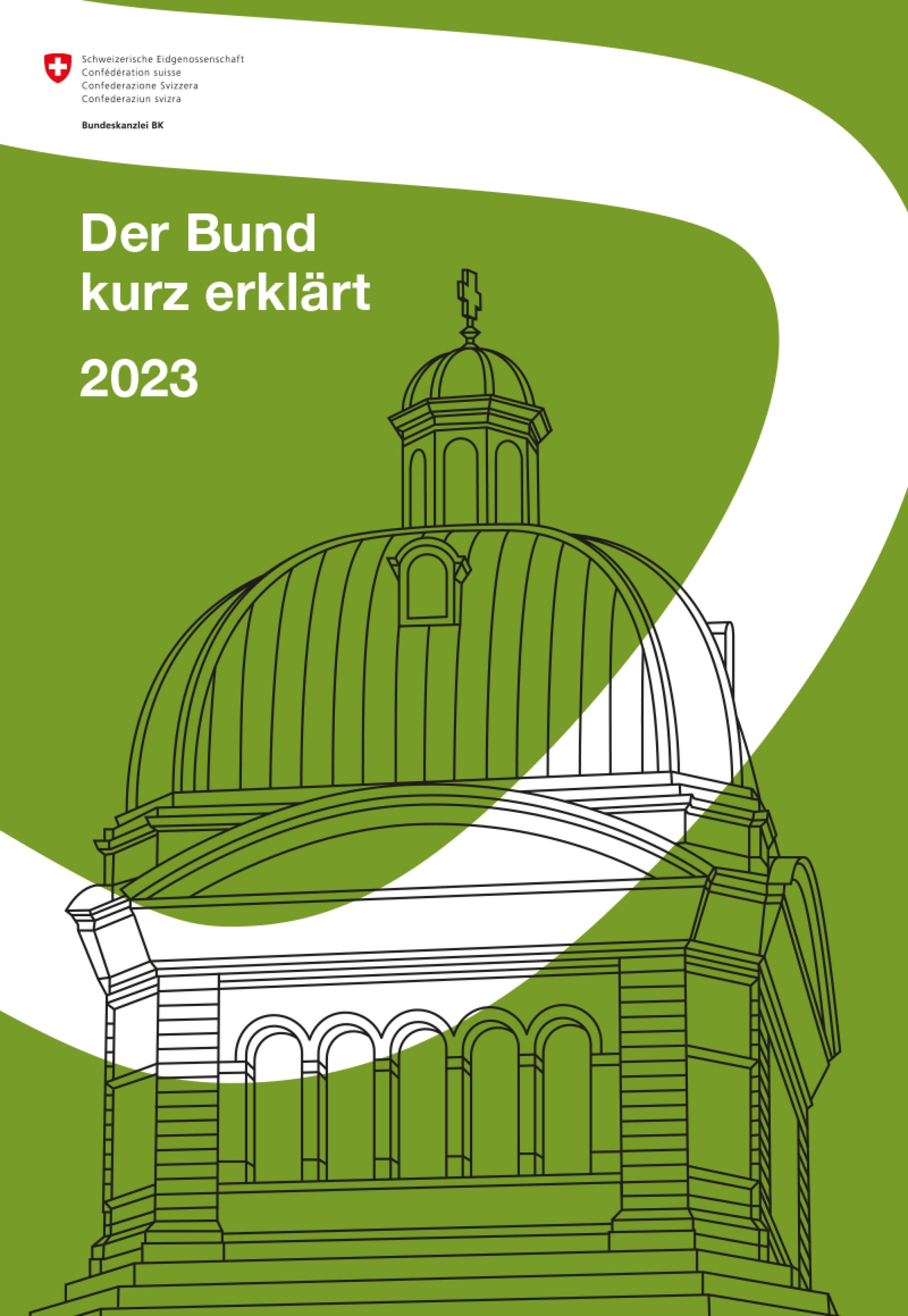 Das Titelbild zeigt eine abstrakte Zeichnung des Bundeshauses und der Aare. Das Bundeshaus ist mit feinen schwarzen Linien gezeichnet, die Aare mit einer weissen, geschwungenen Linie.