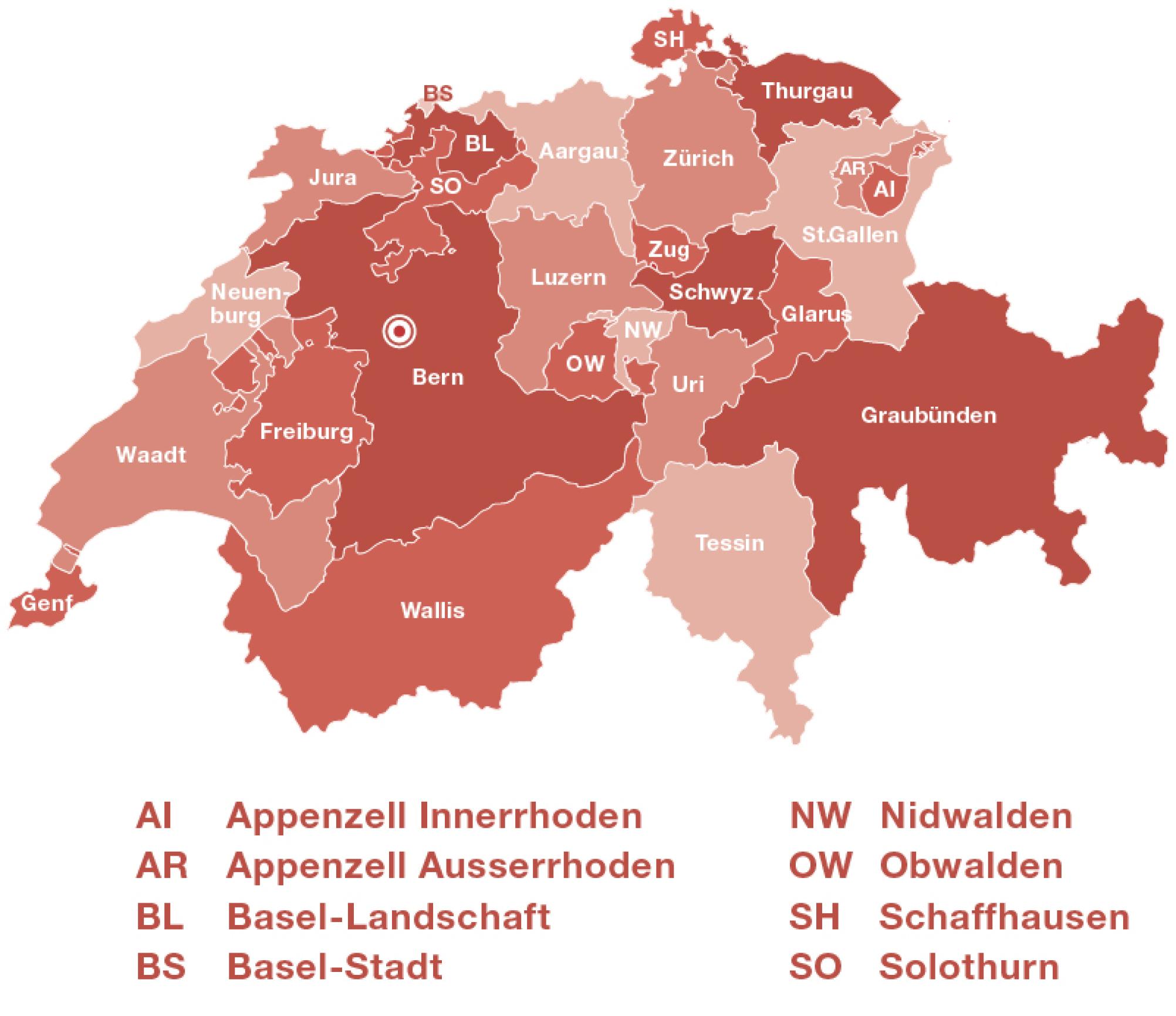 Eine Karte der Schweiz, auf der die 26 Kantone eingezeichnet sind.