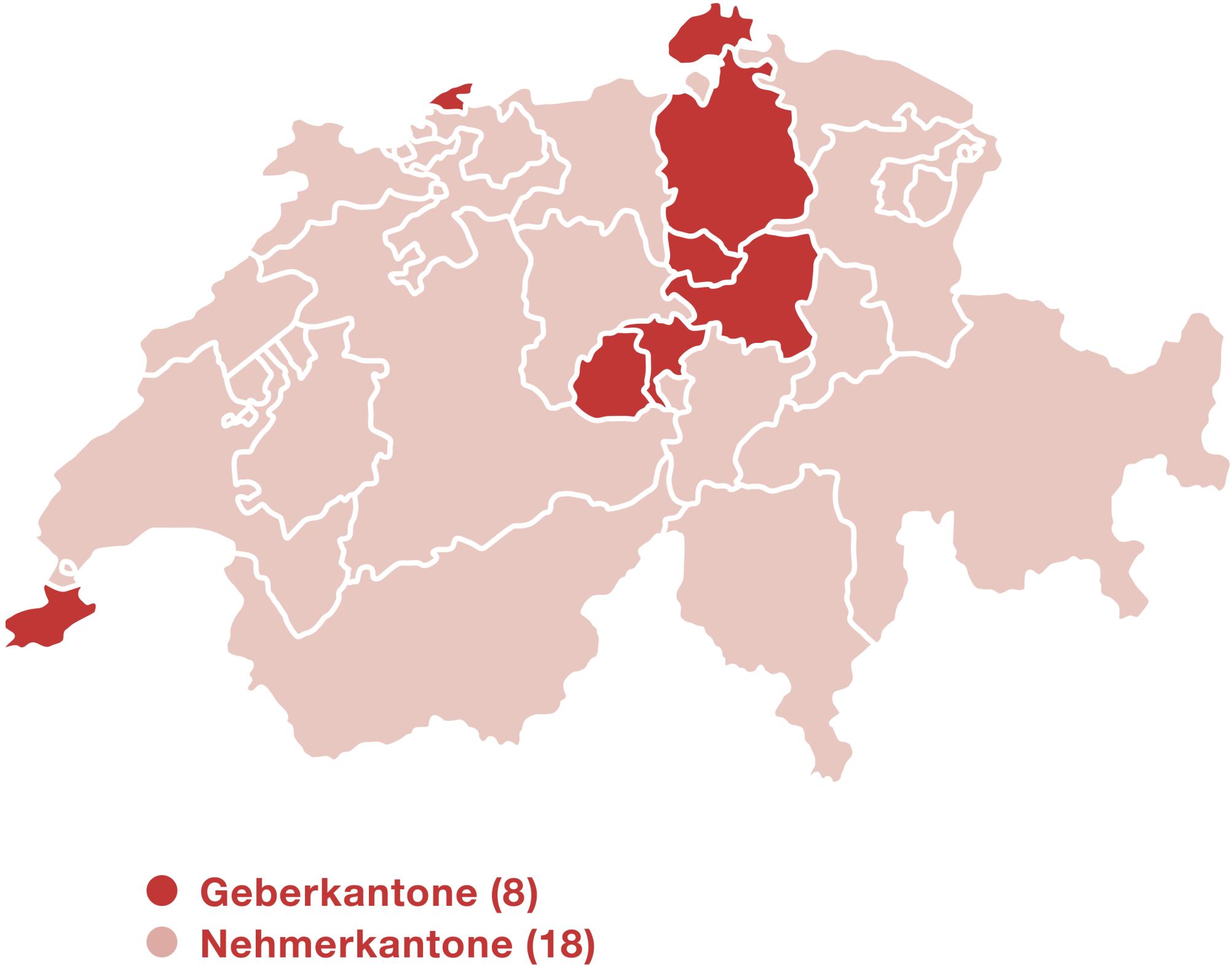 Karte der Schweiz mit Umriss der Kantone. Die Geberkantone sind dunkel markiert. Es handelt sich um Zug, Schwyz, Obwalden, Nidwalden, Genf, Basel-Stadt, Zürich und Schaffhausen.