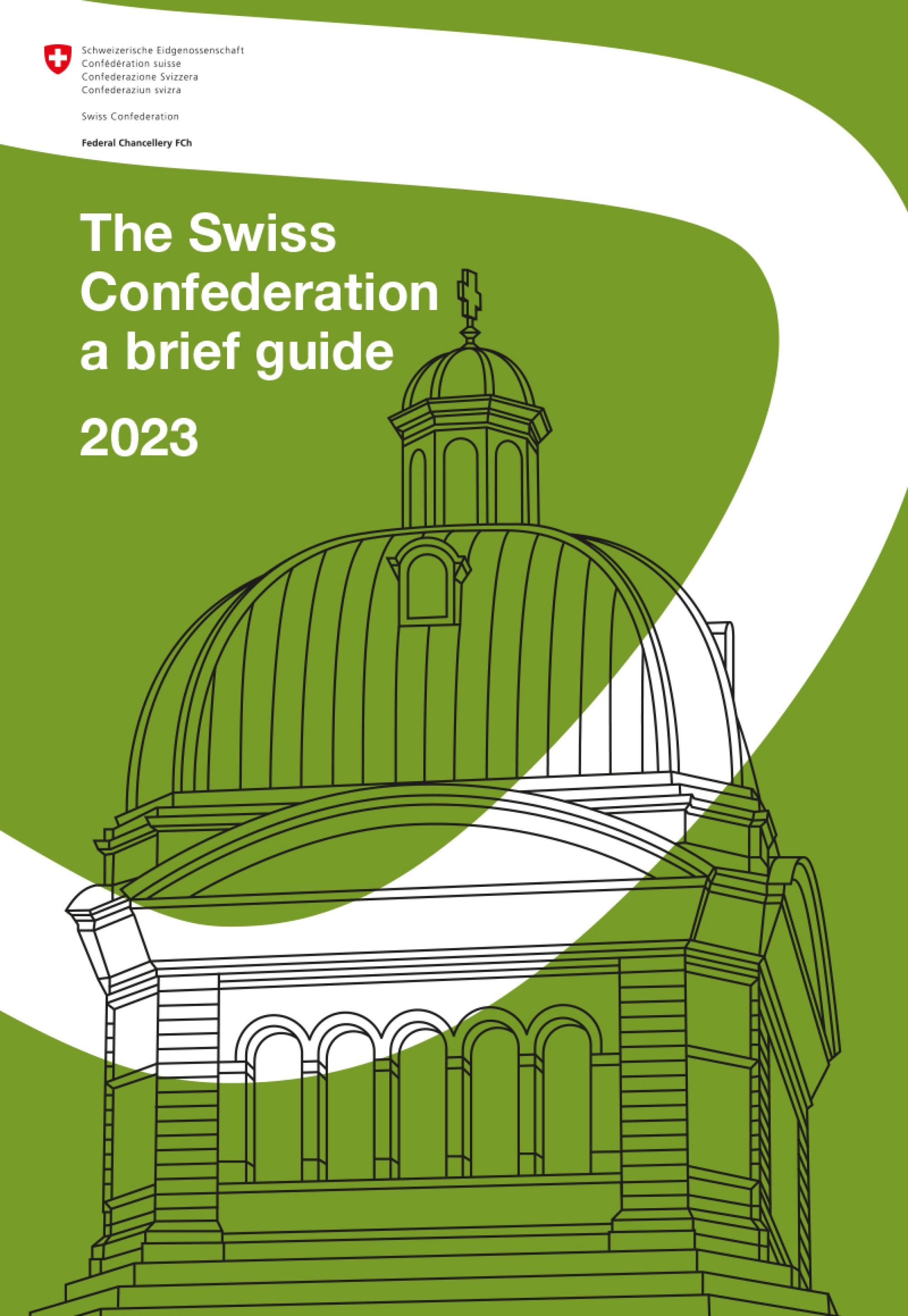 Drawing of the Parliament Building and the Aare River against a sky blue background. The Parliament Building is drawn with fine black lines, and the Aare River appears as a wide curved white band that cuts through the lower right-hand part of the picture.  A sticker on the bottom left-hand side of the picture says ‘get the CH info app’ and shows a view of the brochure on a mobile phone screen.