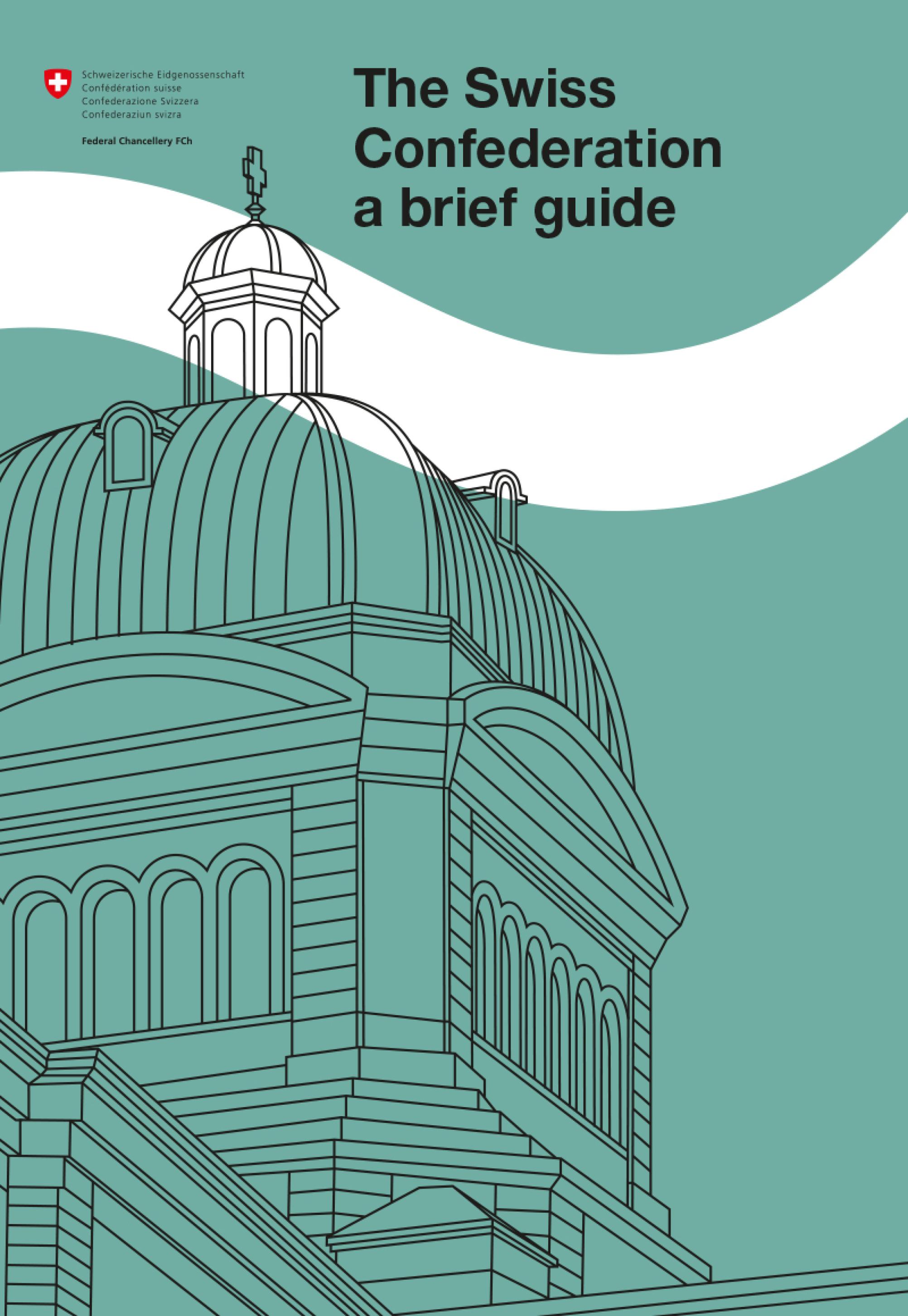 On the title page, the Federal Palace and the River Aare are depicted in abstract form. The Federal Palace is represented by thin black lines and the River Aare by a broad white curve. Next to it is the logo of the ‘CH info’ app, which allows you to consult the brochure on your mobile phone.