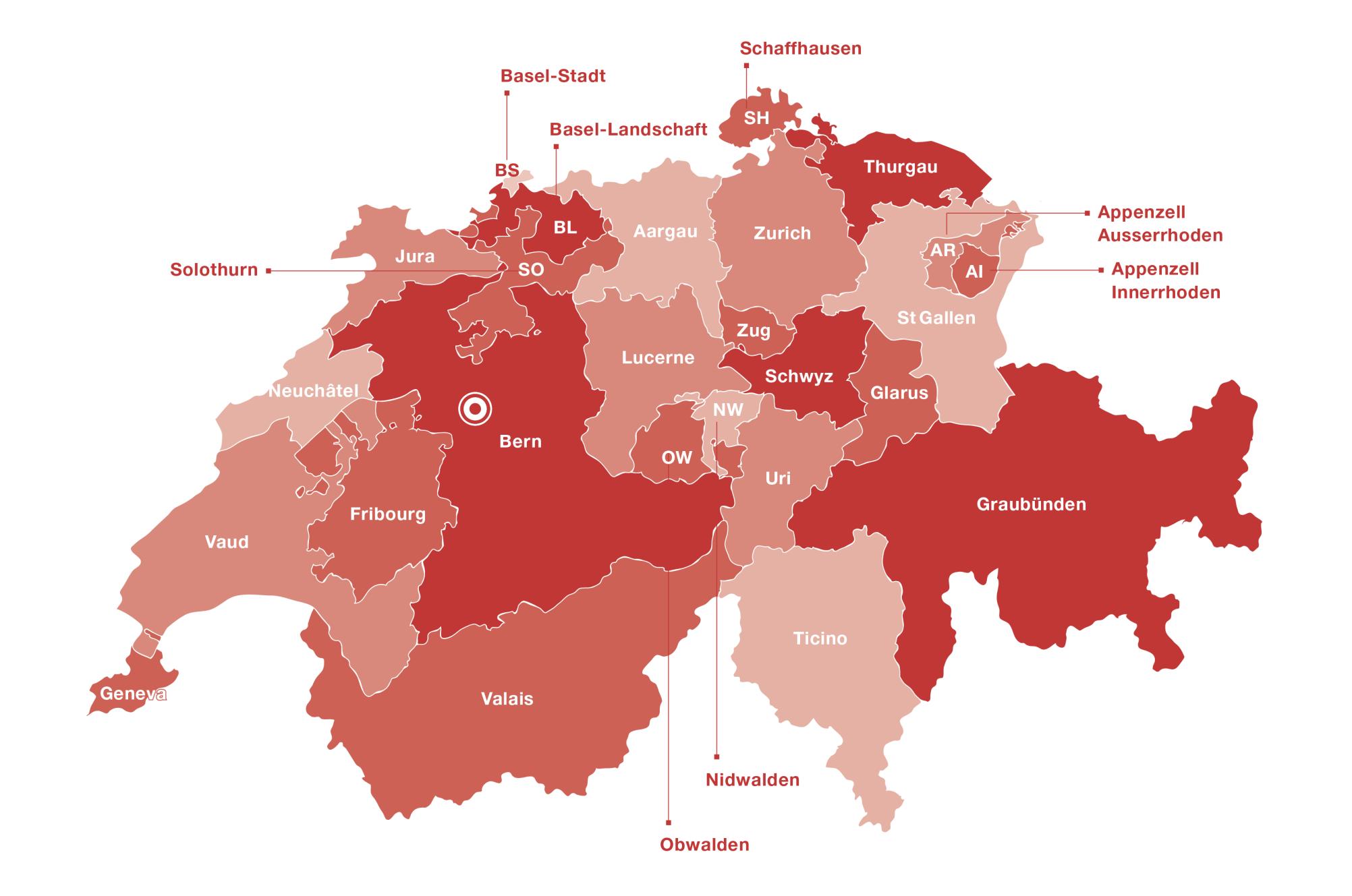 This map of Switzerland shows the 26 cantons and the capital.
