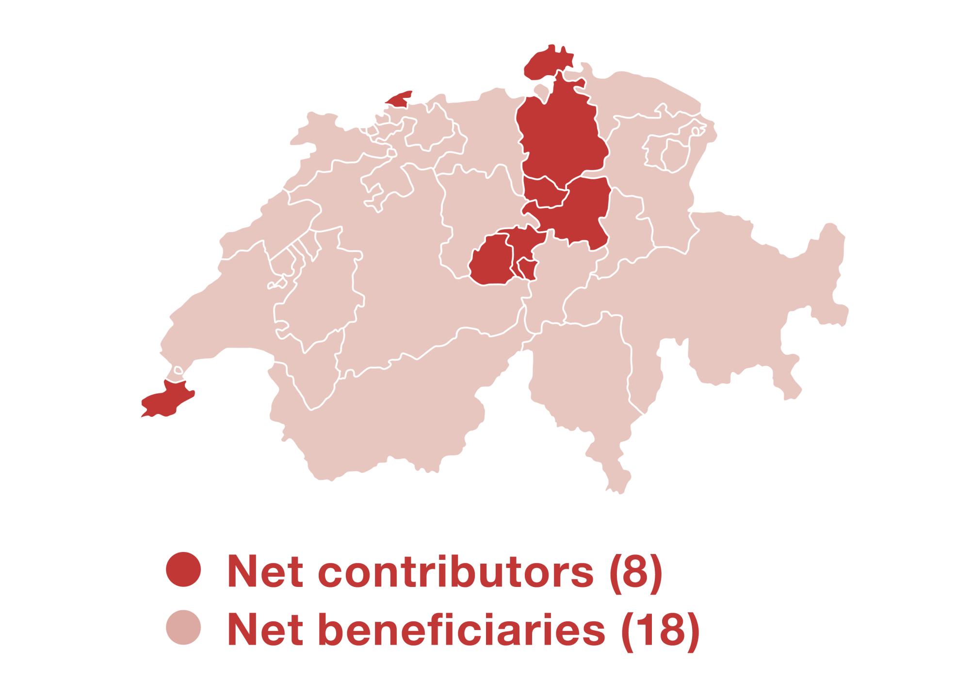Map of Switzerland with outline of the Cantons. The contributing cantons are marked in dark. These are Zug, Schwyz, Nidwalden, Geneva, Basel-City, Zürich and Obwalden.