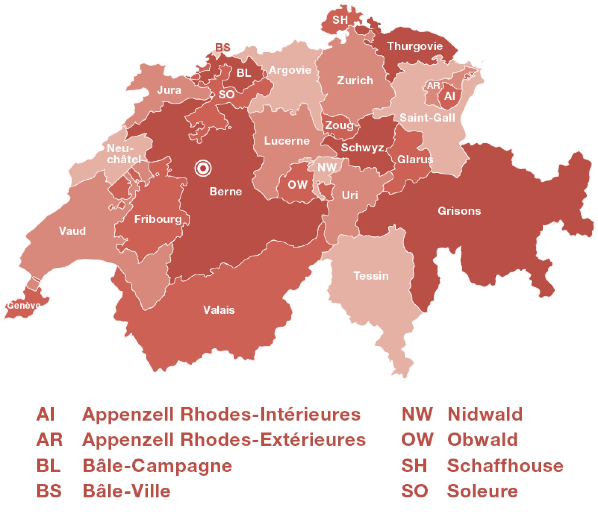 Une carte de la Suisse sur laquelle figurent les 26 cantons.