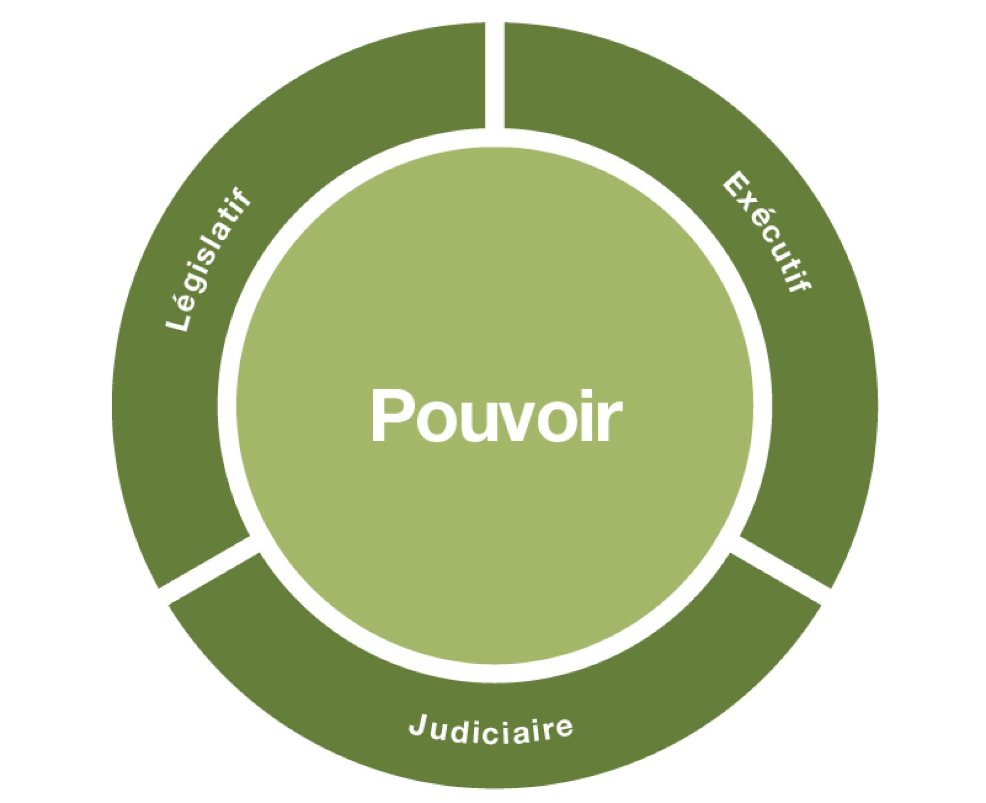 Le pouvoir de l’État est représenté par un rond central plein. Les trois catégories qui le composent sont réparties chacune sur un tiers du cercle extérieur. Il s'agit des pouvoirs législatif, exécutif et judiciaire.