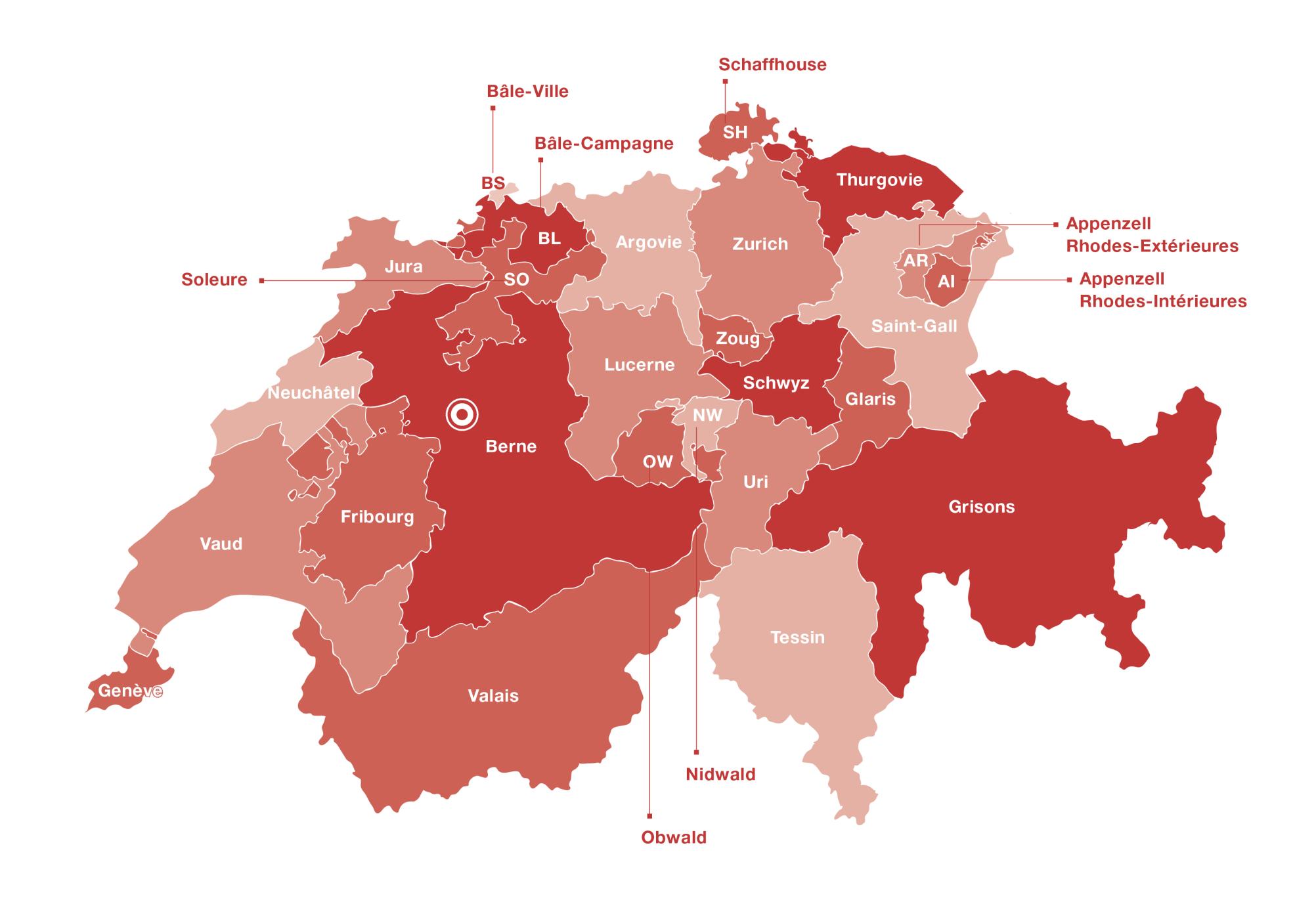 Cette carte de la Suisse montre les 26 cantons et la capitale.