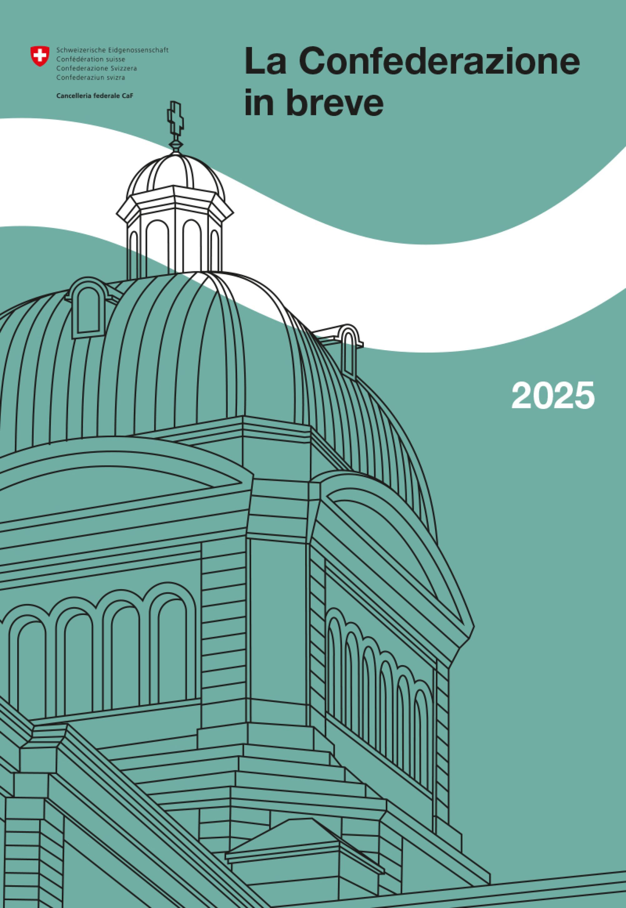 Sulla pagina di titolo il Palazzo federale e l’Aar sono disegnati in maniera astratta. Il Palazzo federale è rappresentato con linee nere sottili mentre l’Aar con una larga curva bianca. A fianco, figura il logo dell’applicazione «CH info» che permette di consultare l’opuscolo sullo smartphone.